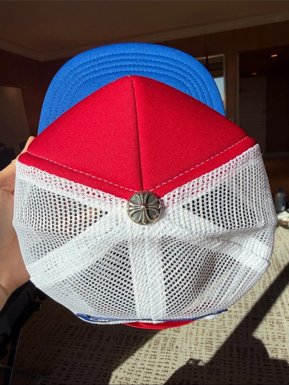 NWT Chrome Hearts Red and Blue Trucker Hat with White Logo